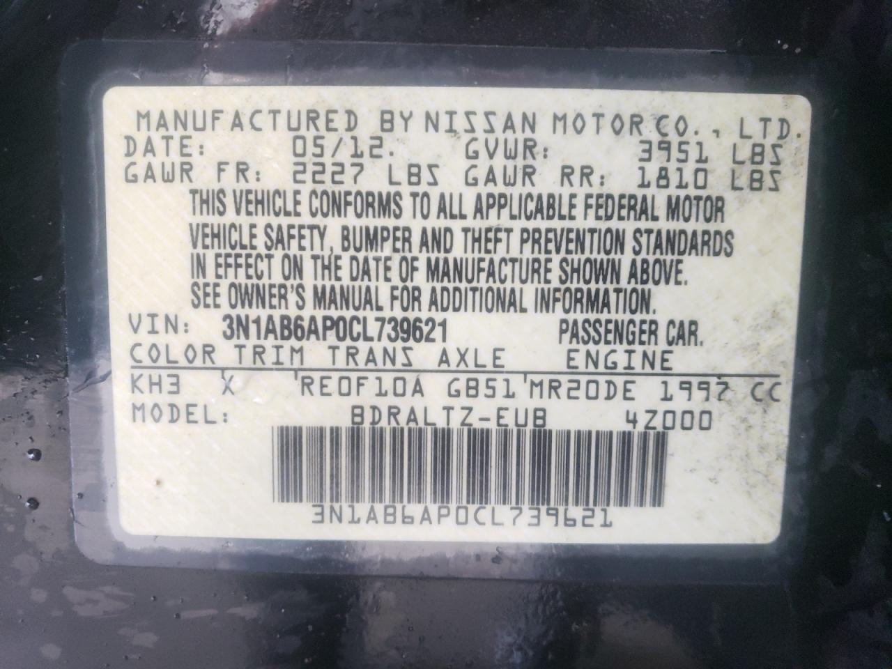 Photo 10 from auction – 2012 NISSAN SENTRA 2.0 with VIN 3N1AB6AP0CL739621