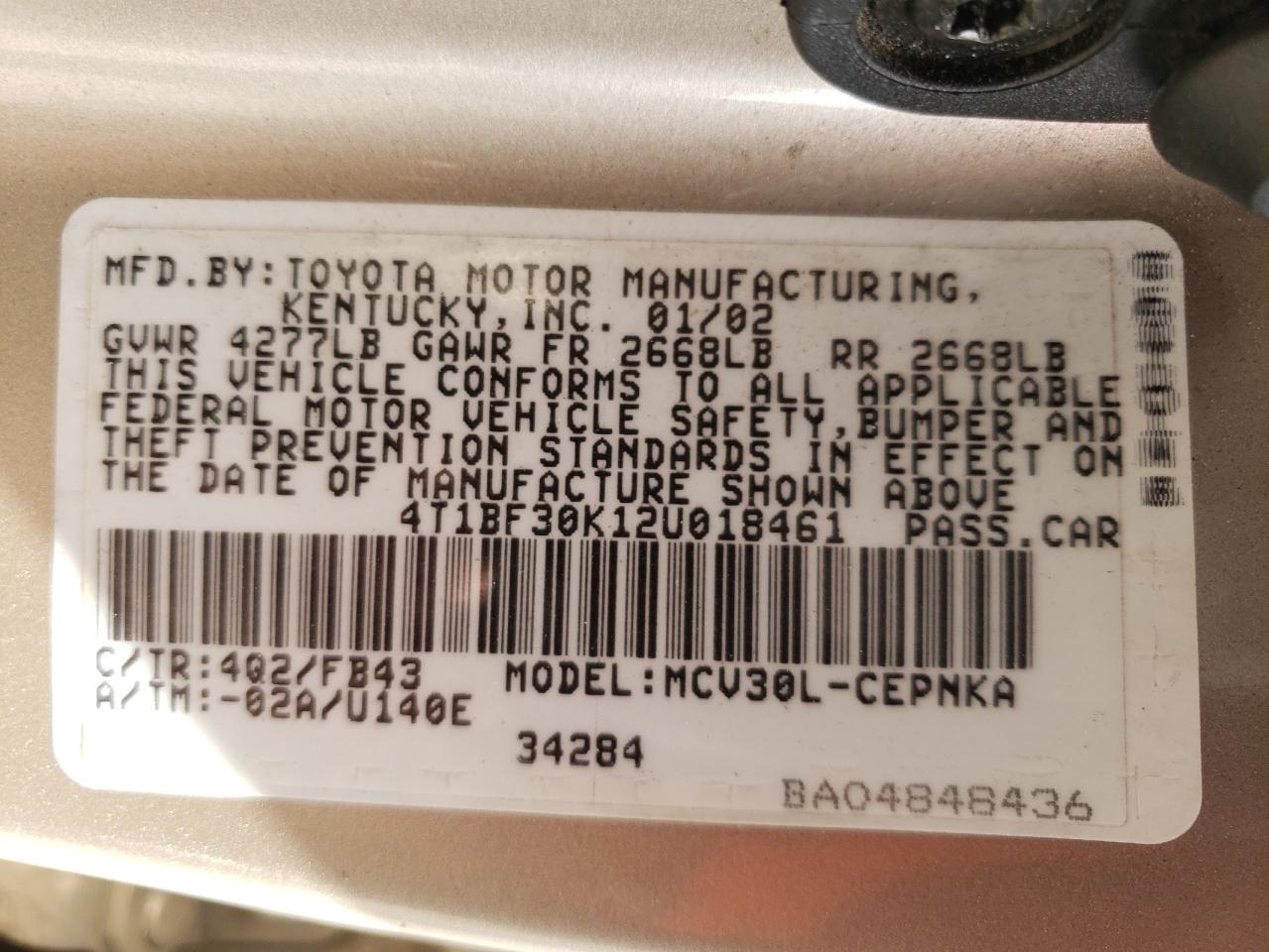 Photo 10 from auction – 2002 TOYOTA CAMRY LE with VIN 4T1BF30K12U018461