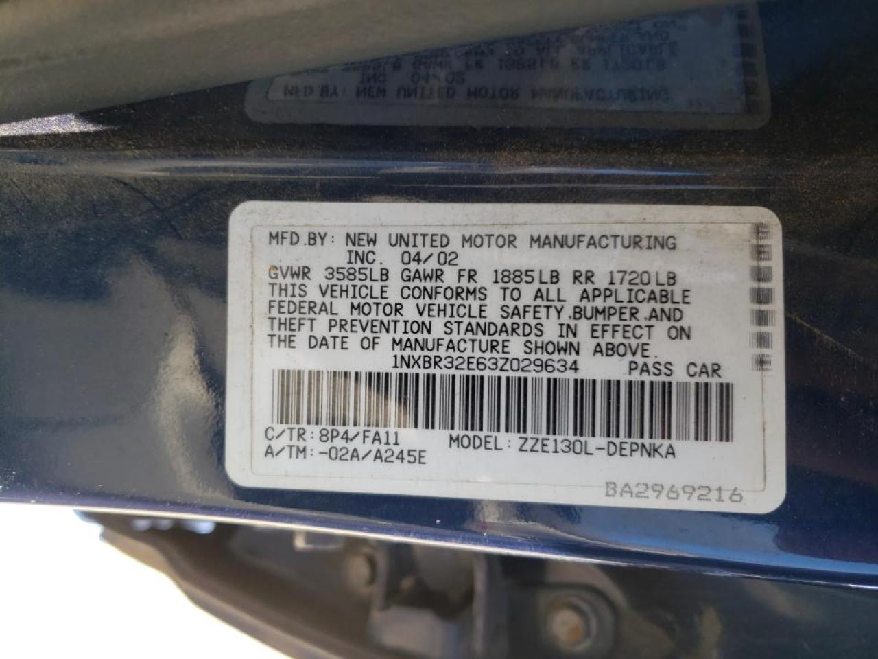 Photo 10 from auction – 2003 TOYOTA COROLLA CE with VIN 1NXBR32E63Z029634