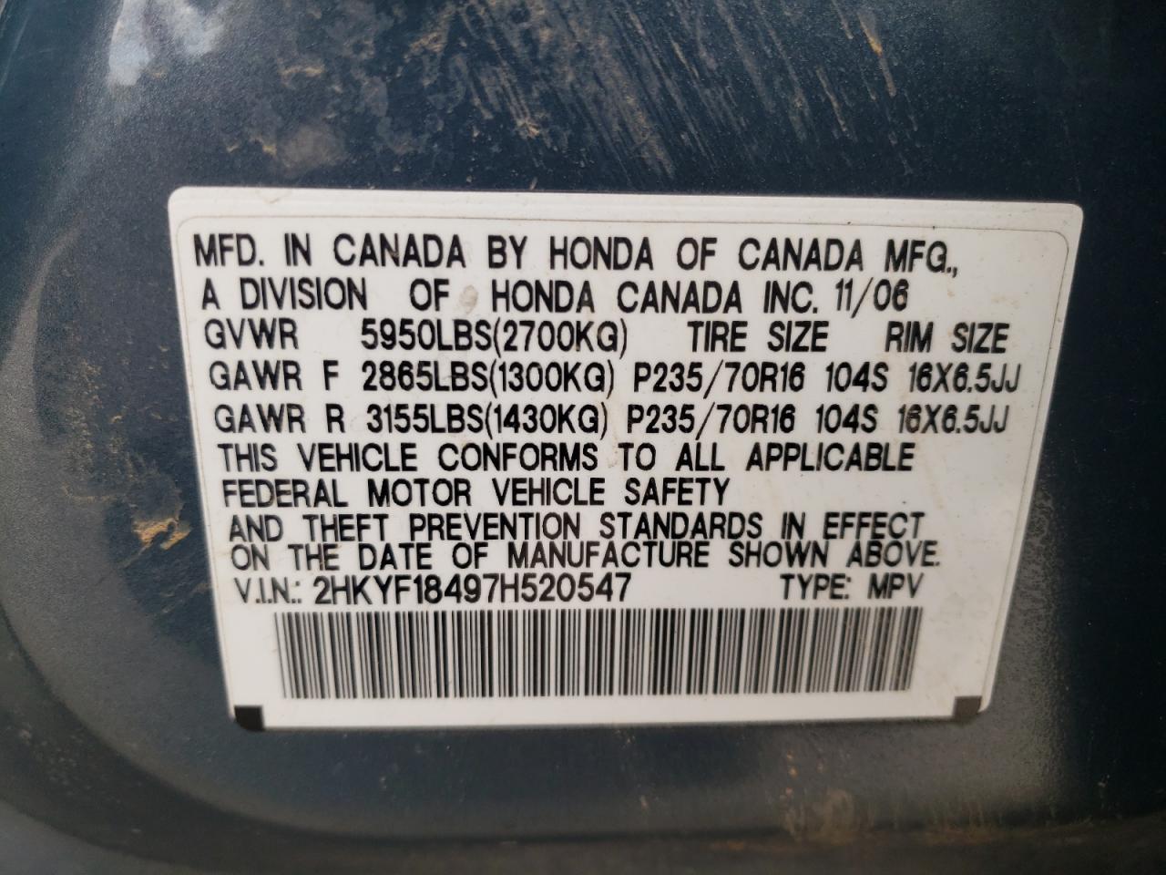 Photo 10 from auction – 2007 HONDA PILOT EX with VIN 2HKYF18497H520547