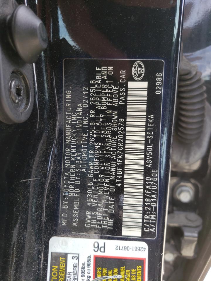 Photo 10 from auction – 2012 TOYOTA CAMRY BASE with VIN 4T4BF1FK7CR202578