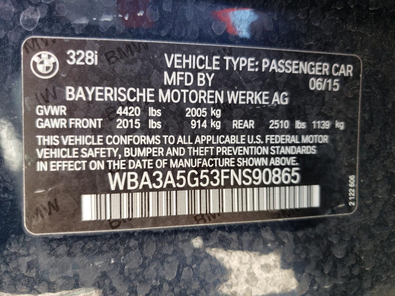 Photo 10 from auction – 2015 BMW 328 I with VIN WBA3A5G53FNS90865