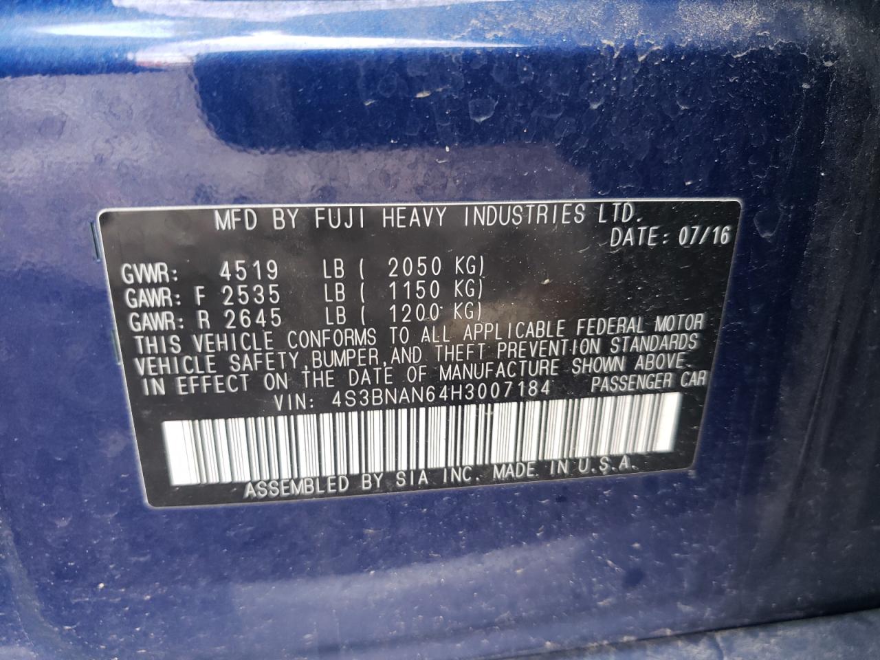 Photo 10 from auction – 2017 SUBARU LEGACY 2.5 with VIN 4S3BNAN64H3007184