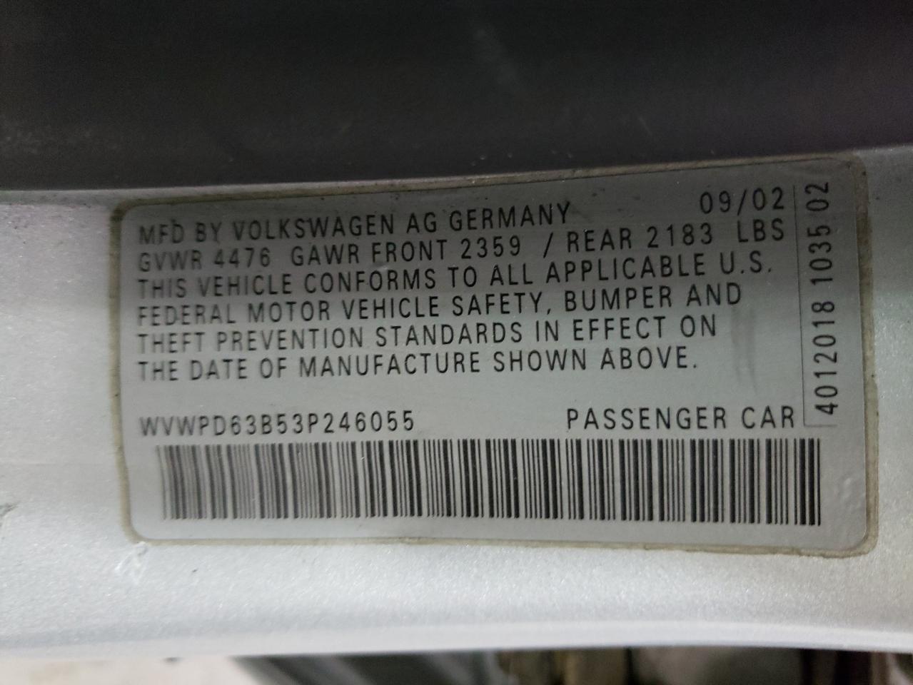 Photo 10 from auction – 2003 VOLKSWAGEN PASSAT GLS with VIN WVWPD63B53P246055