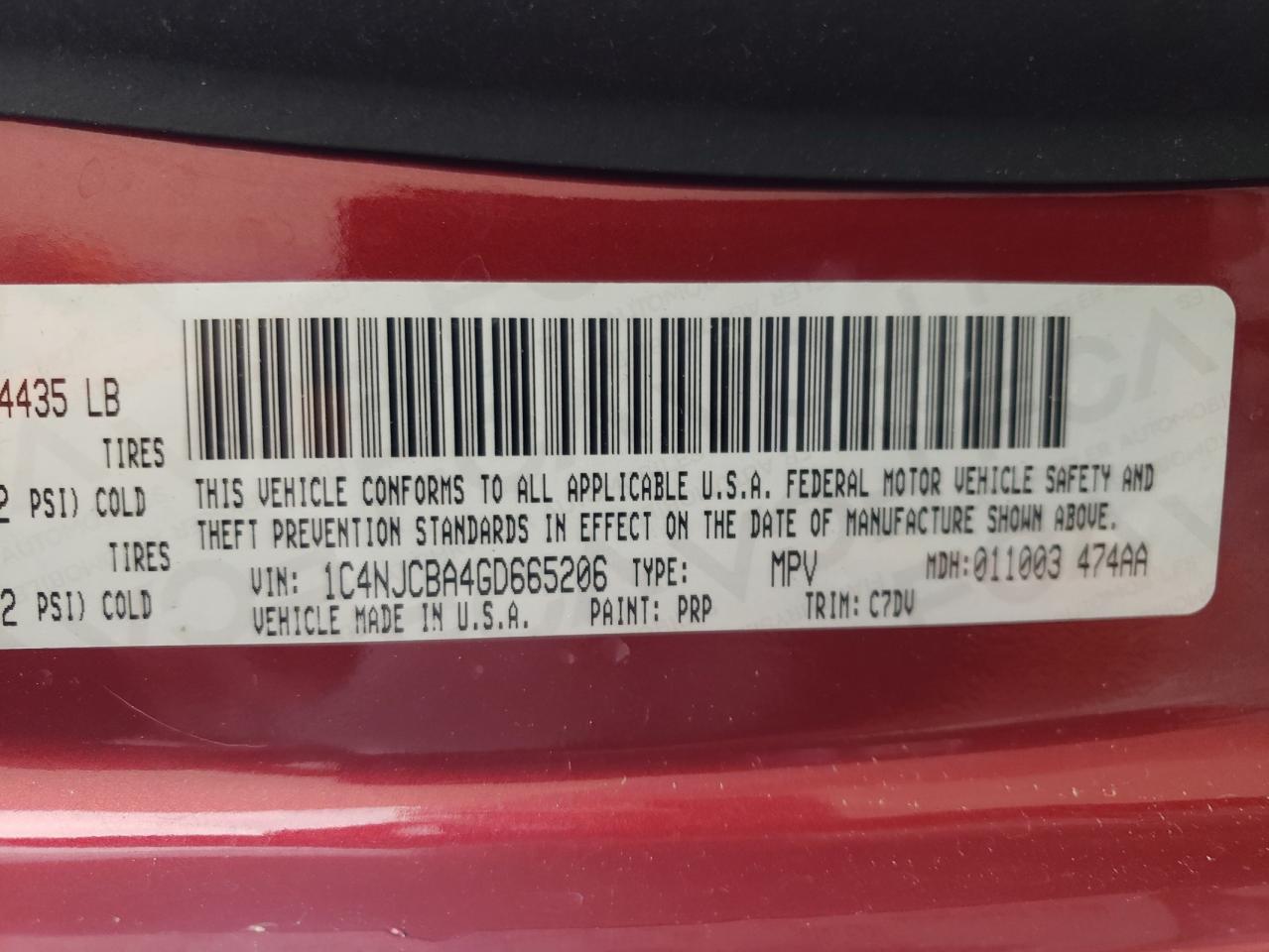 Photo 10 from auction – 2016 JEEP COMPASS SP with VIN 1C4NJCBA4GD665206