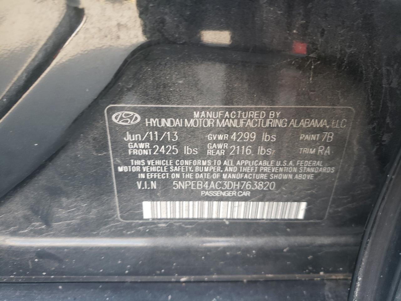 Photo 10 from auction – 2013 HYUNDAI SONATA GLS with VIN 5NPEB4AC3DH763820