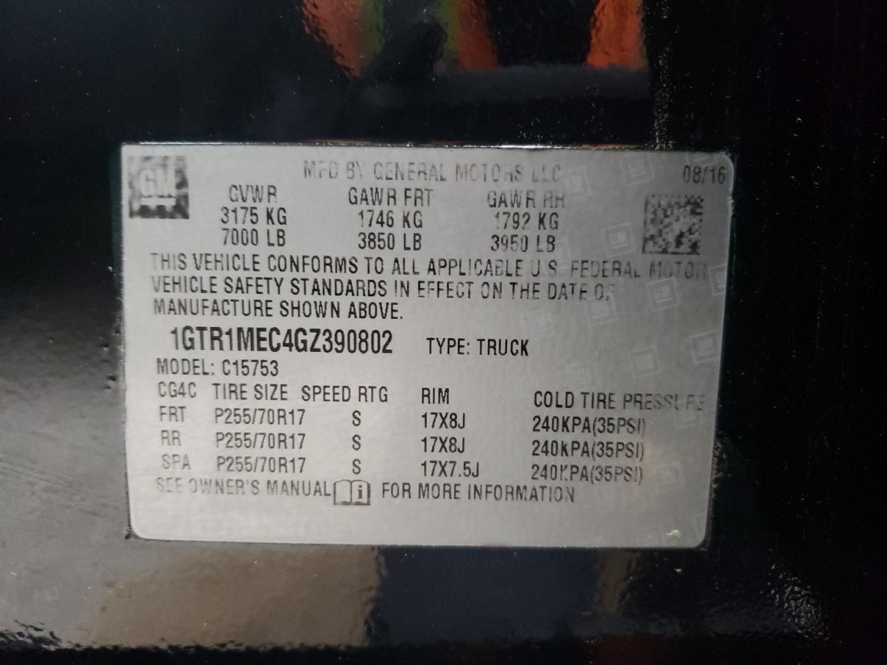 Photo 10 from auction – 2016 GMC SIERRA C15 with VIN 1GTR1MEC4GZ390802