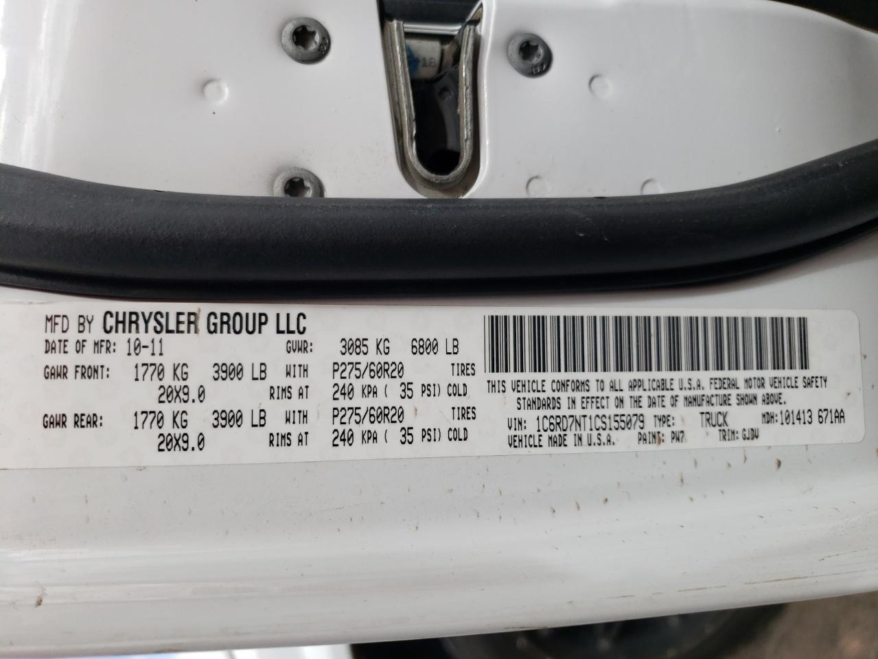 Photo 10 from auction – 2012 DODGE RAM 1500 L with VIN 1C6RD7NT1CS155079