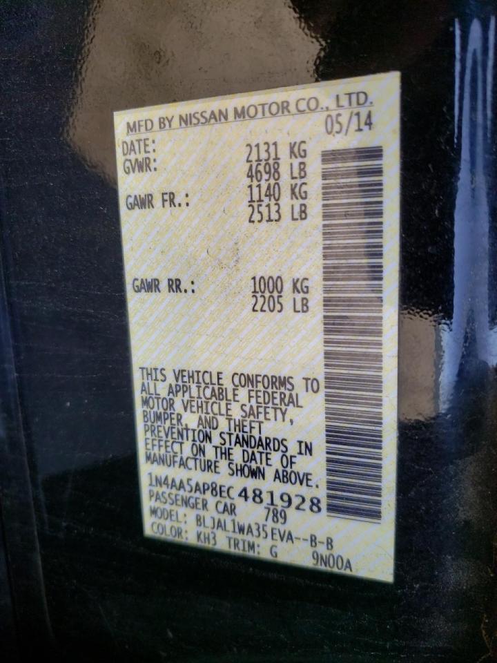 Photo 10 from auction – 2014 NISSAN MAXIMA S with VIN 1N4AA5AP8EC481928