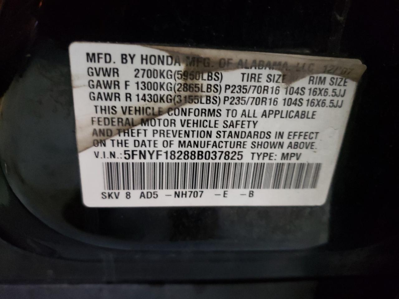Photo 10 from auction – 2008 HONDA PILOT VP with VIN 5FNYF18288B037825