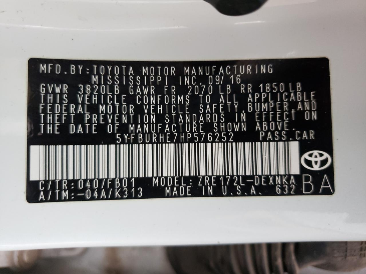 Photo 10 from auction – 2017 TOYOTA COROLLA L with VIN 5YFBURHE7HP576252