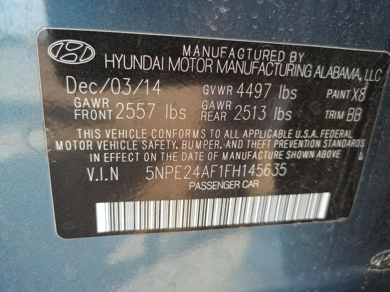 Photo 10 from auction – 2015 HYUNDAI SONATA SE with VIN 5NPE24AF1FH145635
