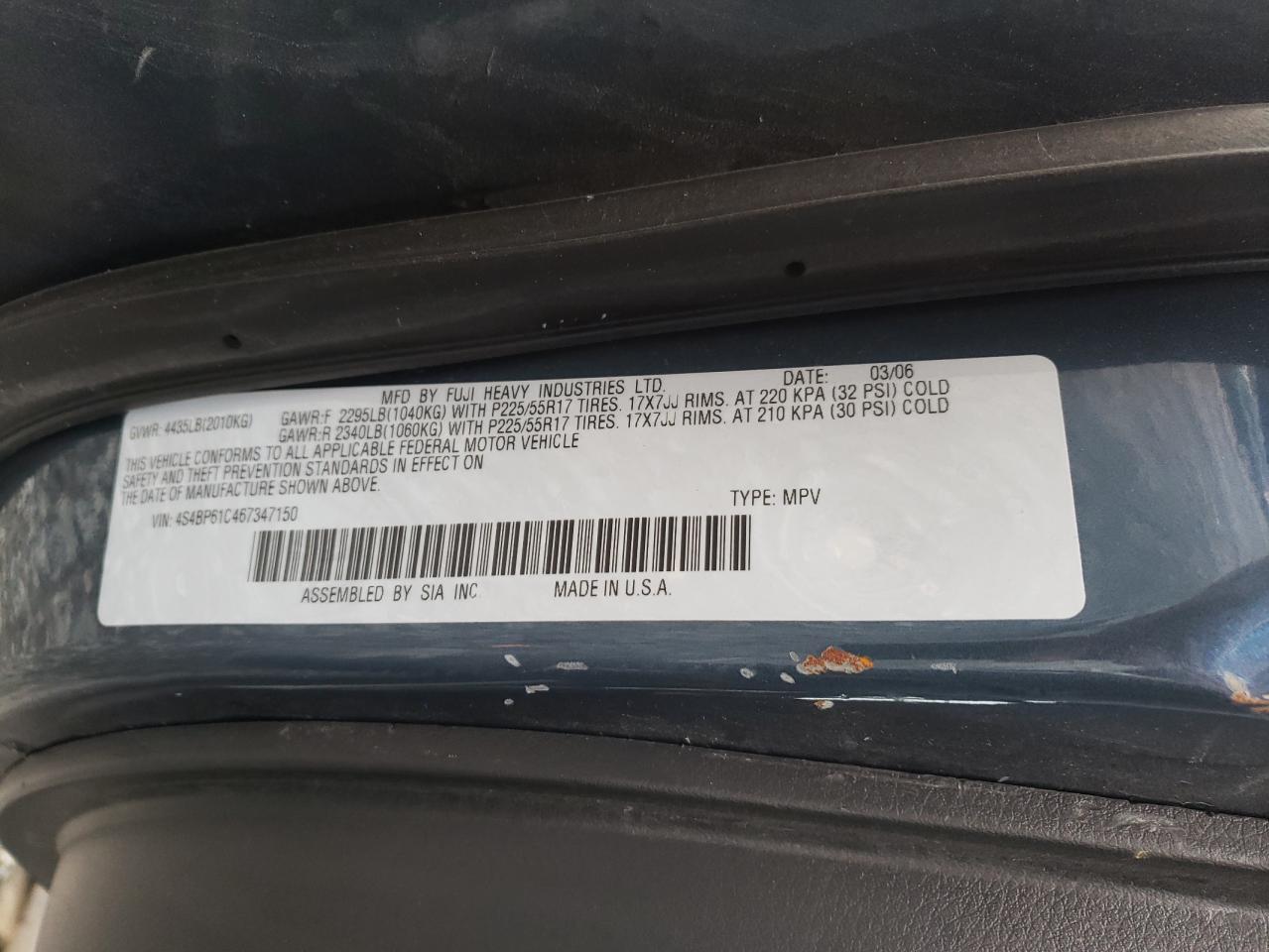 Photo 10 from auction – 2006 SUBARU LEGACY OUT with VIN 4S4BP61C467347150