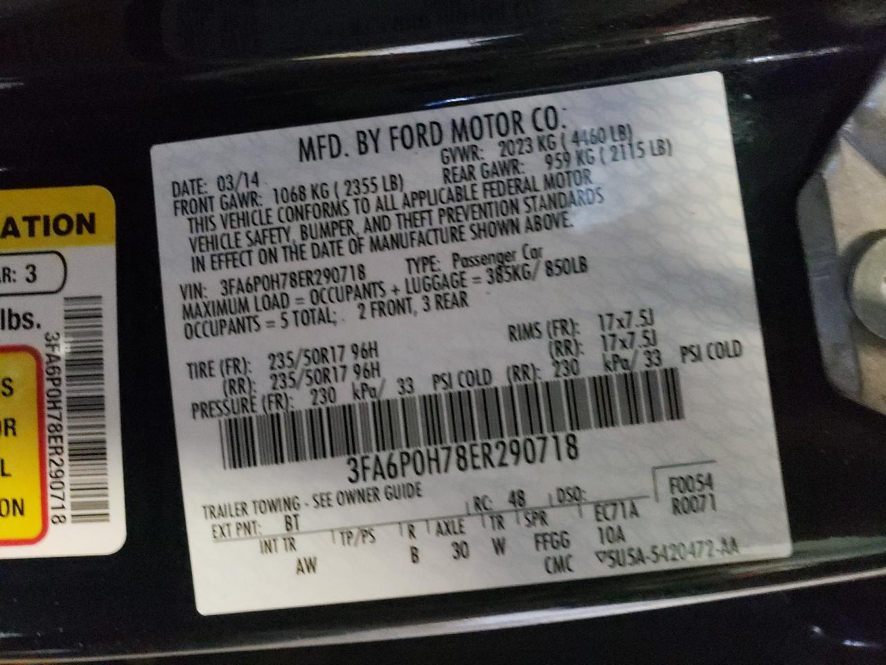Photo 10 from auction – 2014 FORD FUSION SE with VIN 3FA6P0H78ER290718
