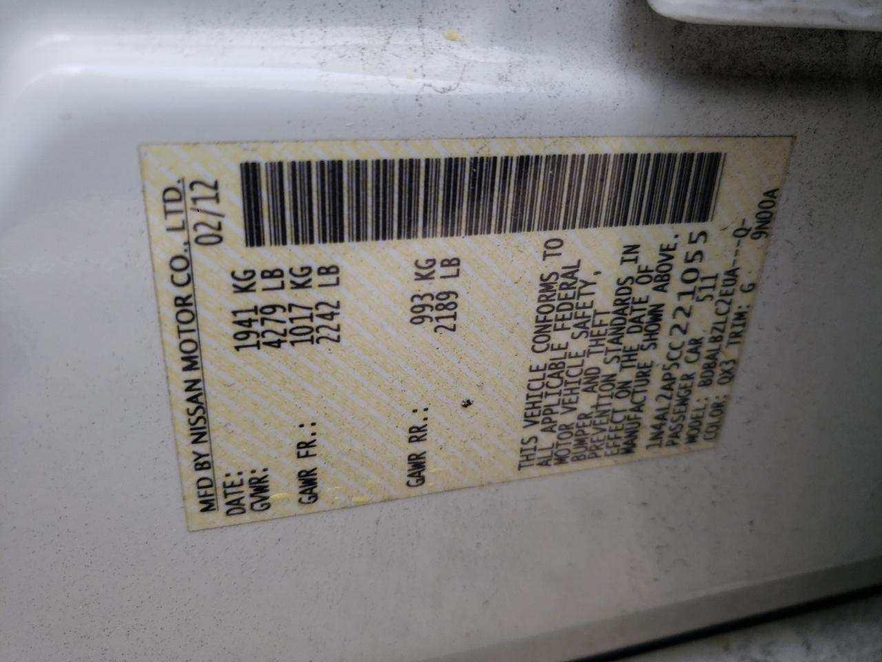 Photo 10 from auction – 2012 NISSAN ALTIMA BAS with VIN 1N4AL2AP5CC221055