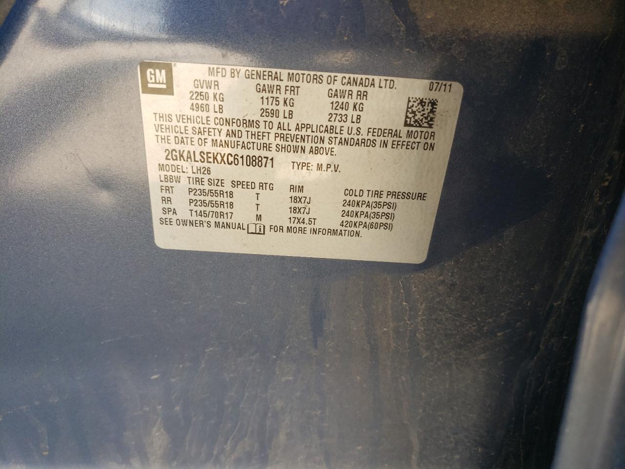 Photo 10 from auction – 2012 GMC TERRAIN SL with VIN 2GKALSEKXC6108871