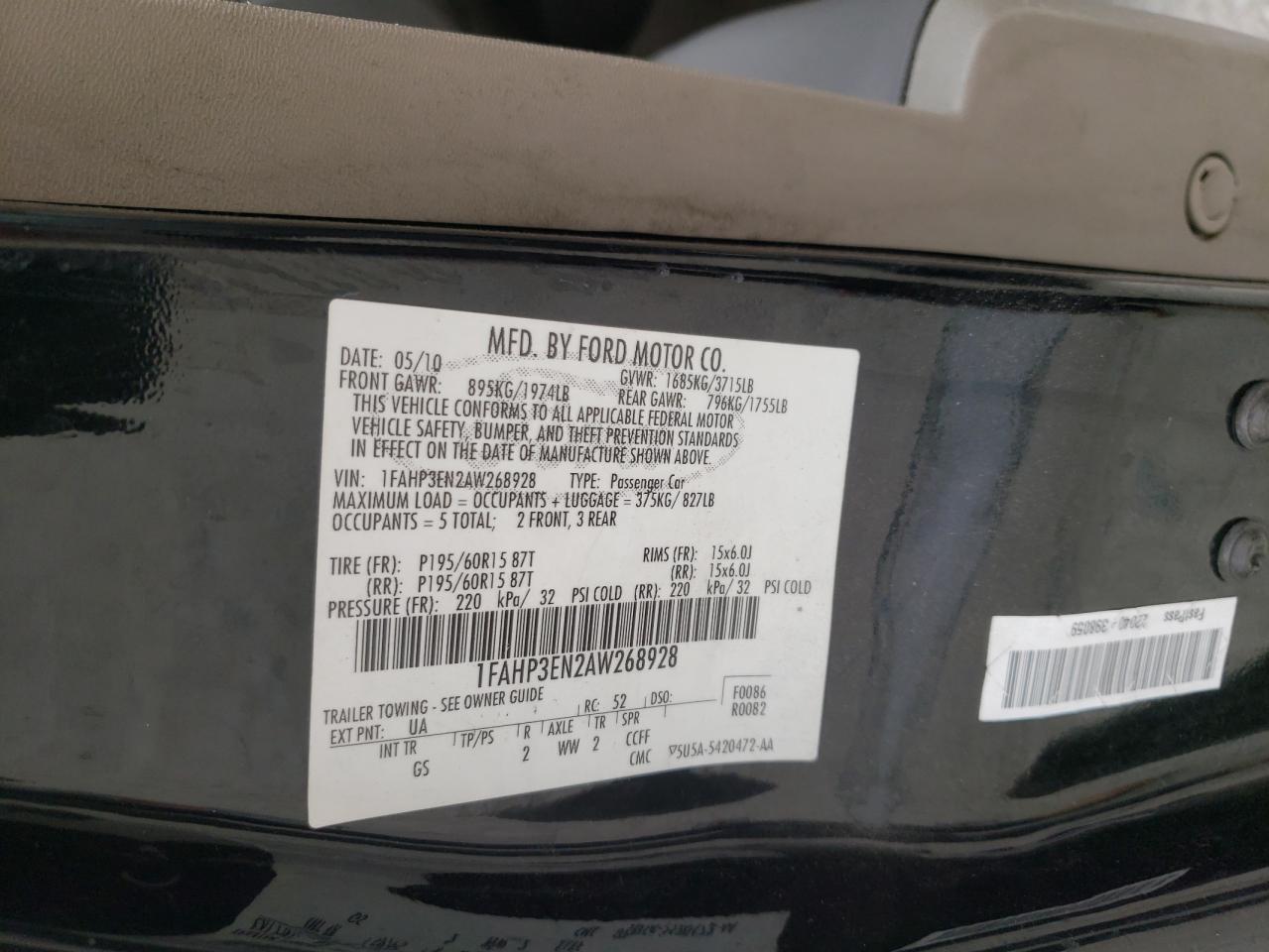 Photo 10 from auction – 2010 FORD FOCUS S with VIN 1FAHP3EN2AW268928