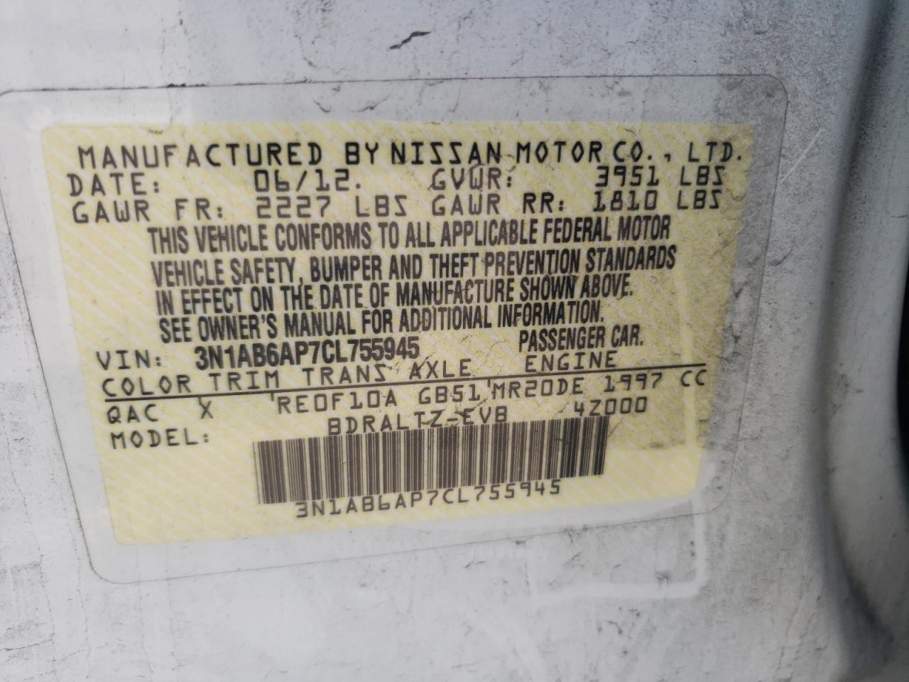 Photo 10 from auction – 2012 NISSAN SENTRA 2.0 with VIN 3N1AB6AP7CL755945