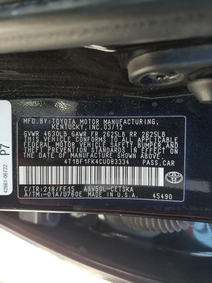 Photo 10 from auction – 2012 TOYOTA CAMRY BASE with VIN 4T1BF1FK4CU083334