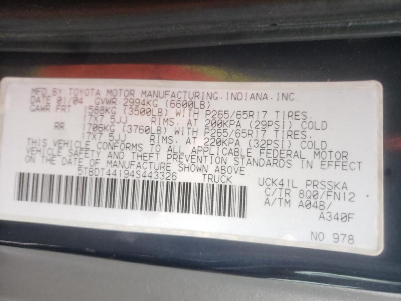 Photo 10 from auction – 2004 TOYOTA TUNDRA DOU with VIN 5TBDT44194S443326