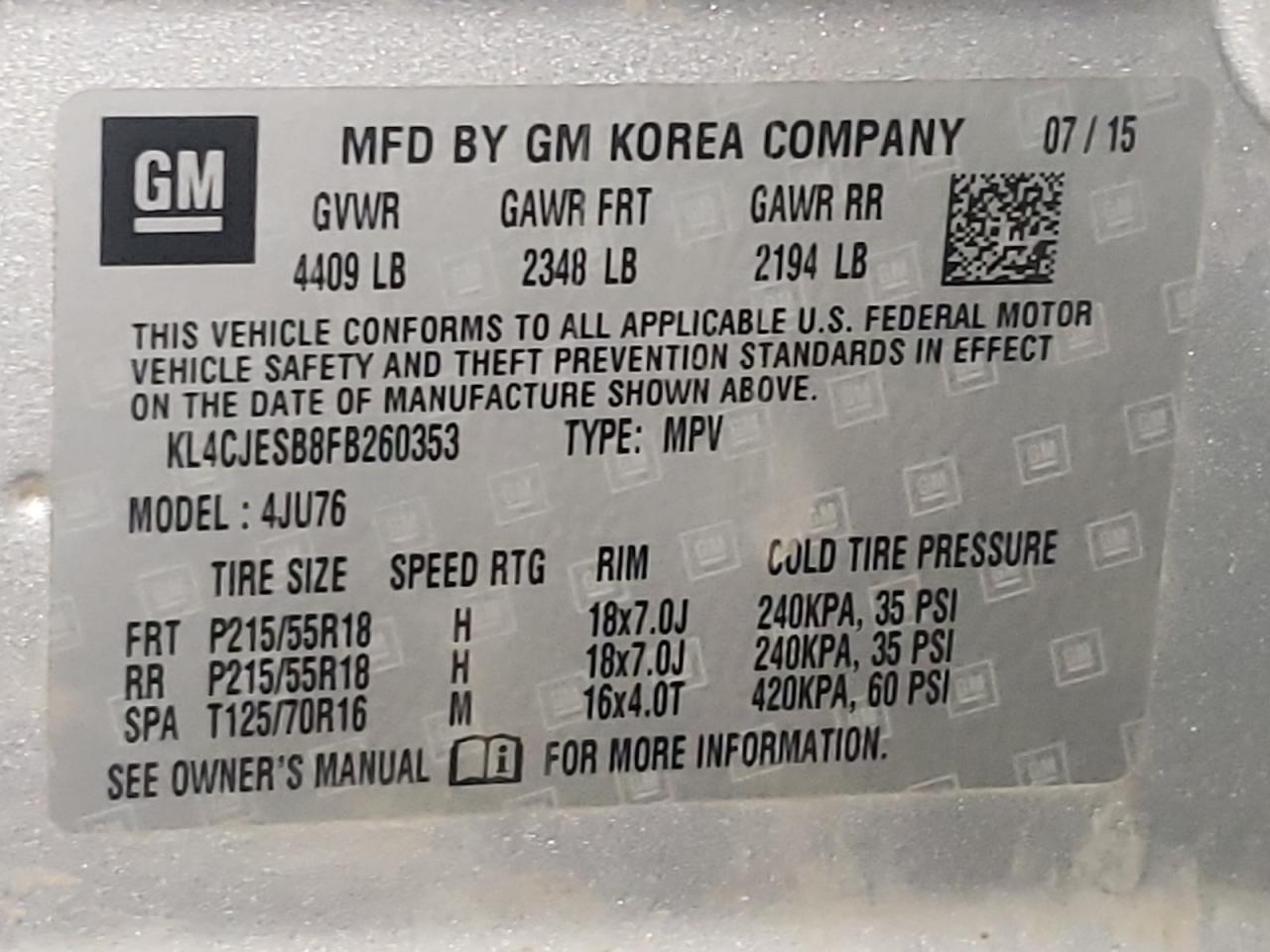 Photo 10 from auction – 2015 BUICK ENCORE with VIN KL4CJESB8FB260353