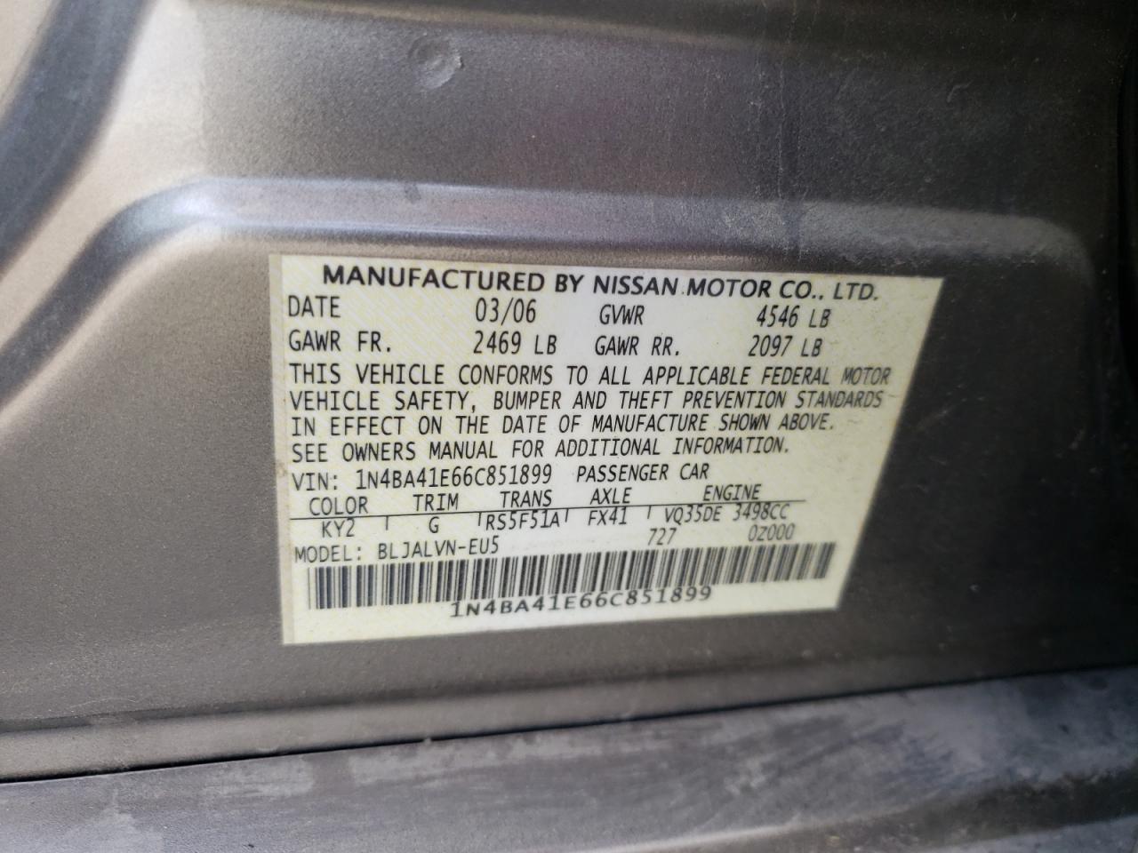 Photo 10 from auction – 2006 NISSAN MAXIMA SE with VIN 1N4BA41E66C851899
