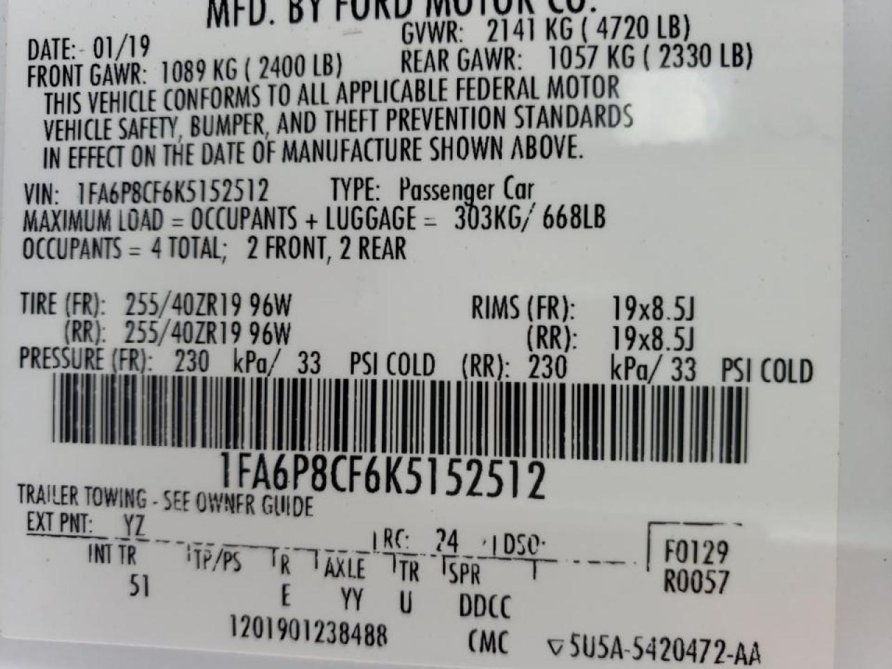 Photo 10 from auction – 2019 FORD MUSTANG with VIN 1FA6P8CF6K5152512