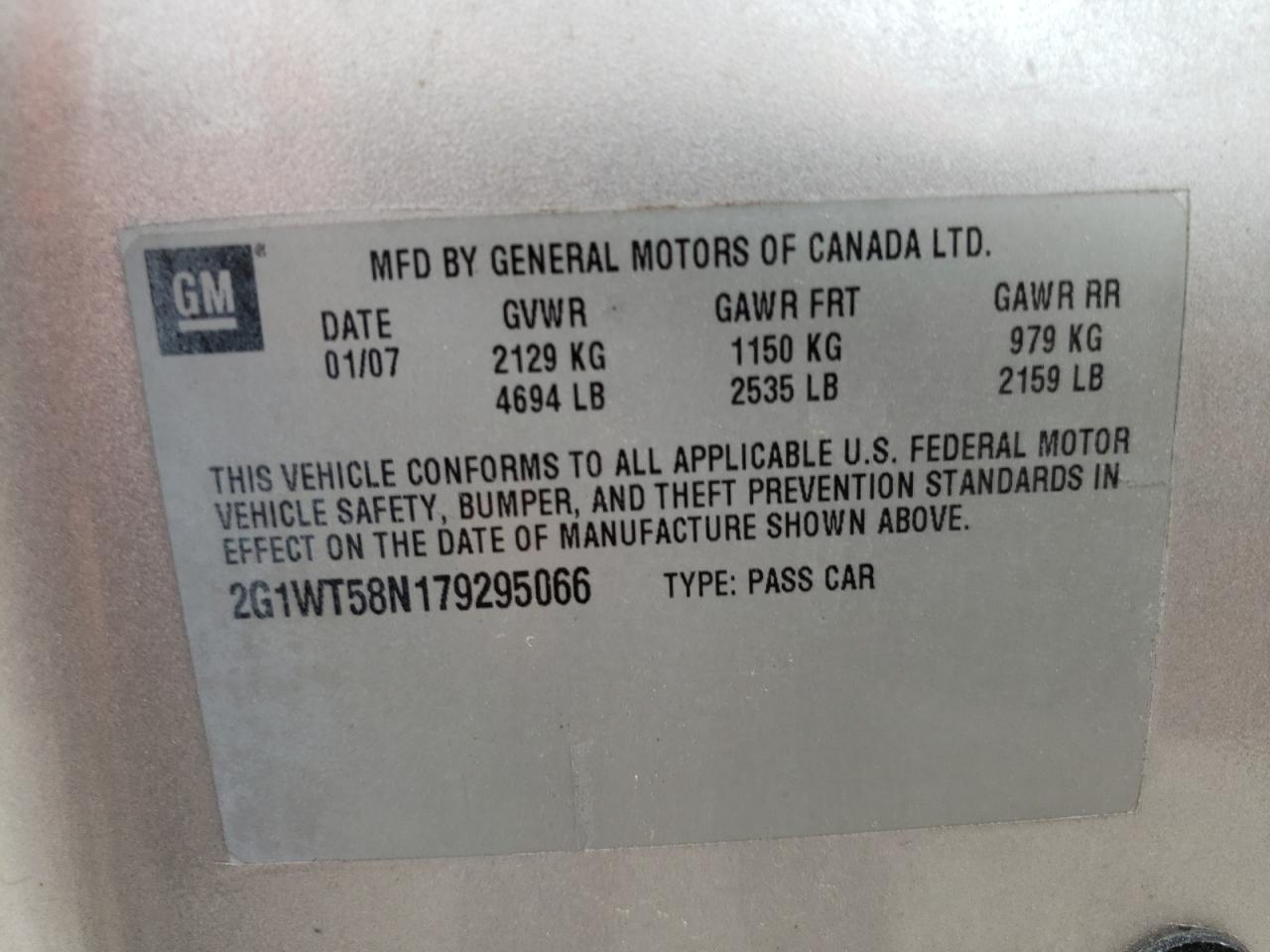 Photo 10 from auction – 2007 CHEVROLET IMPALA LT with VIN 2G1WT58N179295066