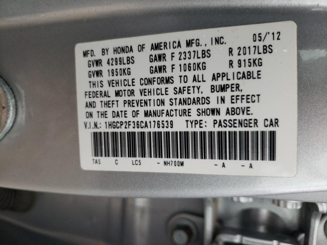 Photo 10 from auction – 2012 HONDA ACCORD LX with VIN 1HGCP2F36CA176539