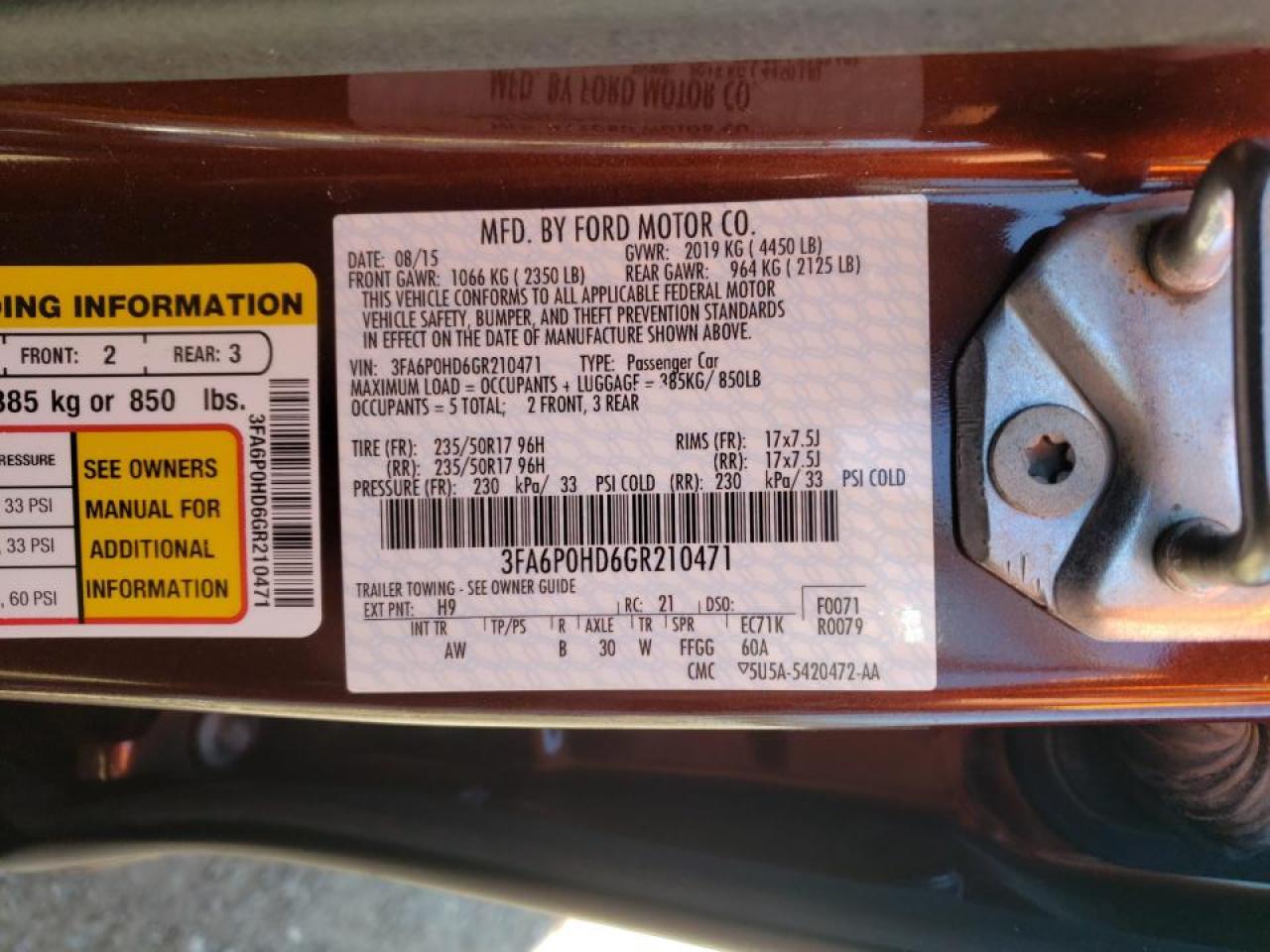 Photo 10 from auction – 2016 FORD FUSION SE with VIN 3FA6P0HD6GR210471