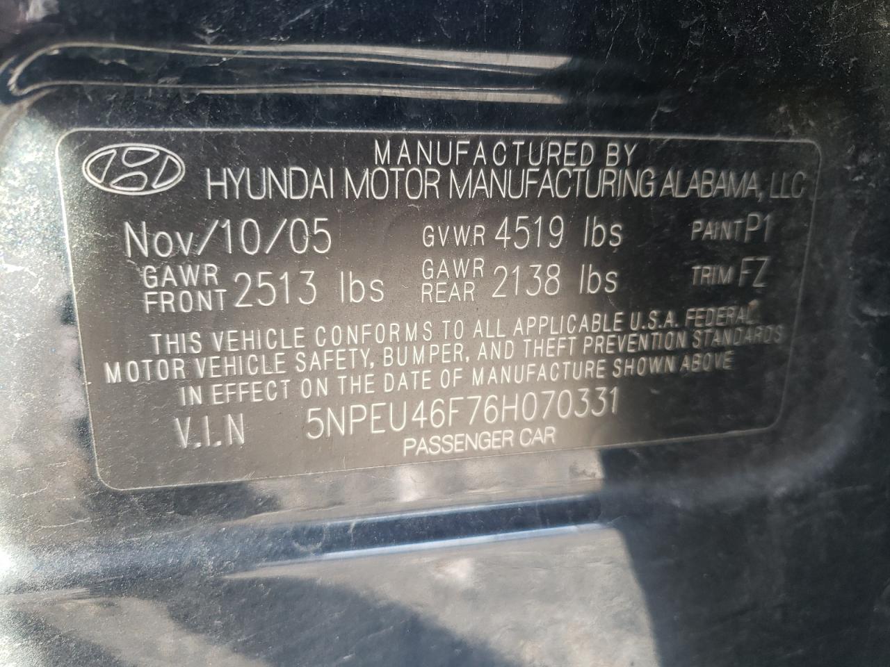 Photo 10 from auction – 2006 HYUNDAI SONATA GLS with VIN 5NPEU46F76H070331