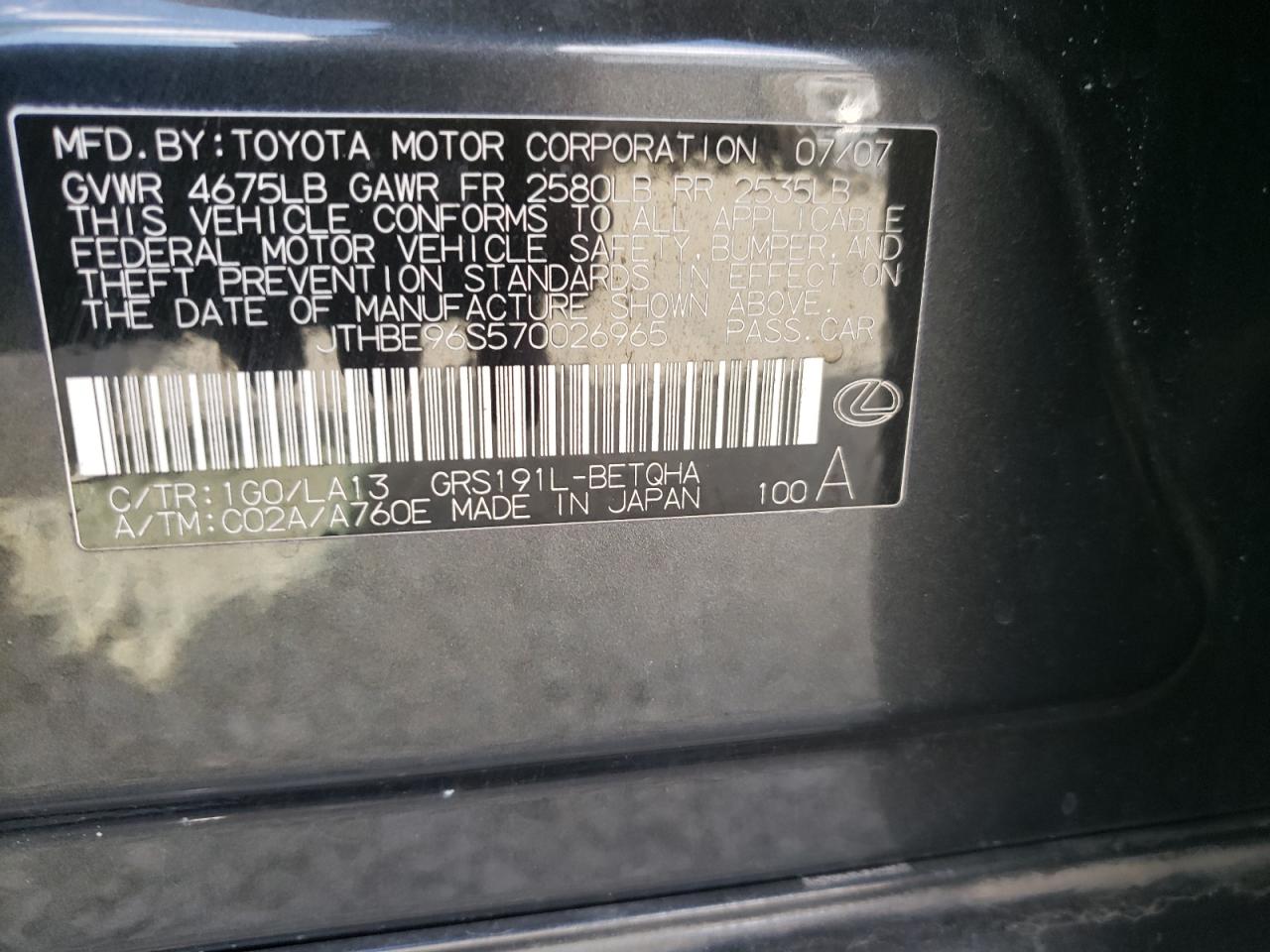 Photo 10 from auction – 2007 LEXUS GS 350 with VIN JTHBE96S570026965