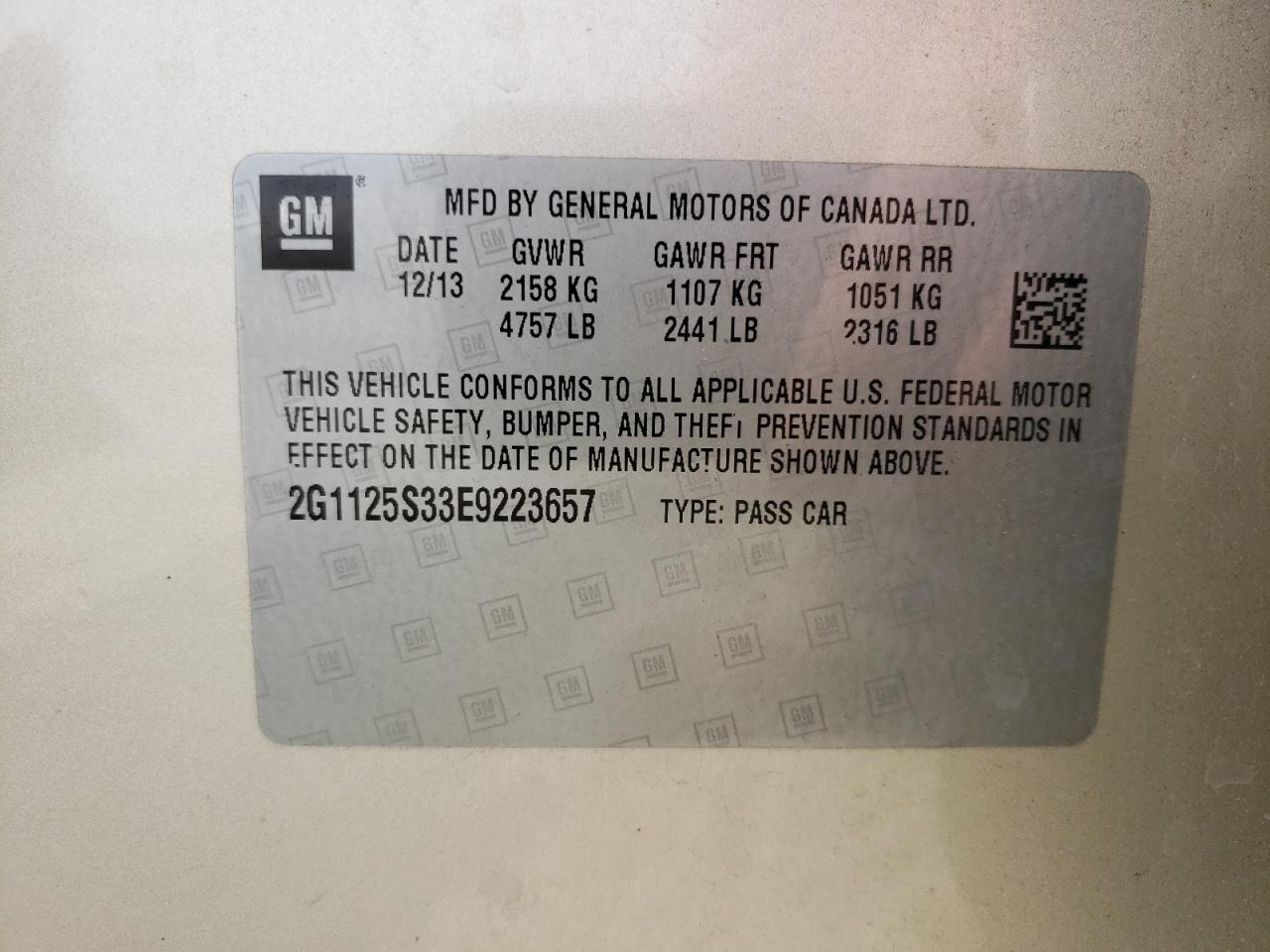 Photo 10 from auction – 2014 CHEVROLET IMPALA LT with VIN 2G1125S33E9223657