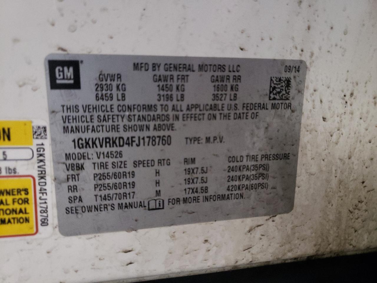 Photo 10 from auction – 2015 GMC ACADIA SLT with VIN 1GKKVRKD4FJ178760
