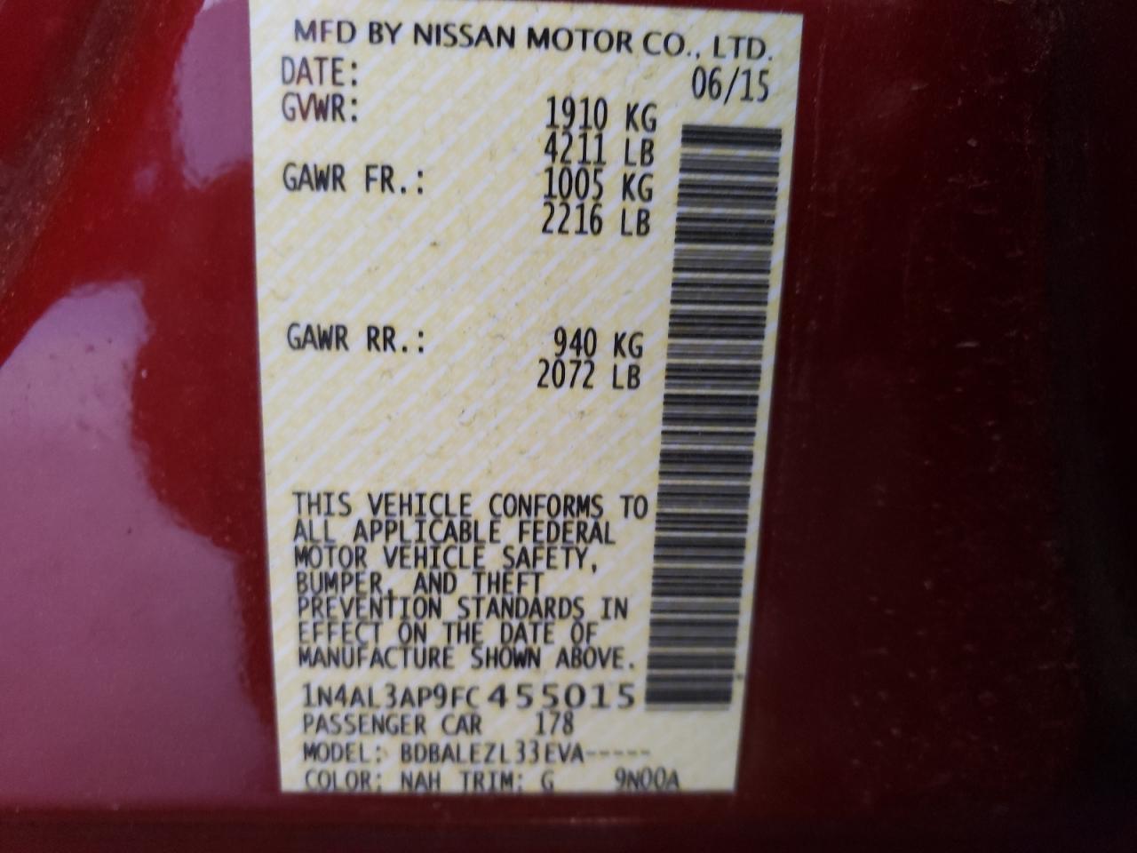 Photo 10 from auction – 2015 NISSAN ALTIMA 2.5 with VIN 1N4AL3AP9FC455015