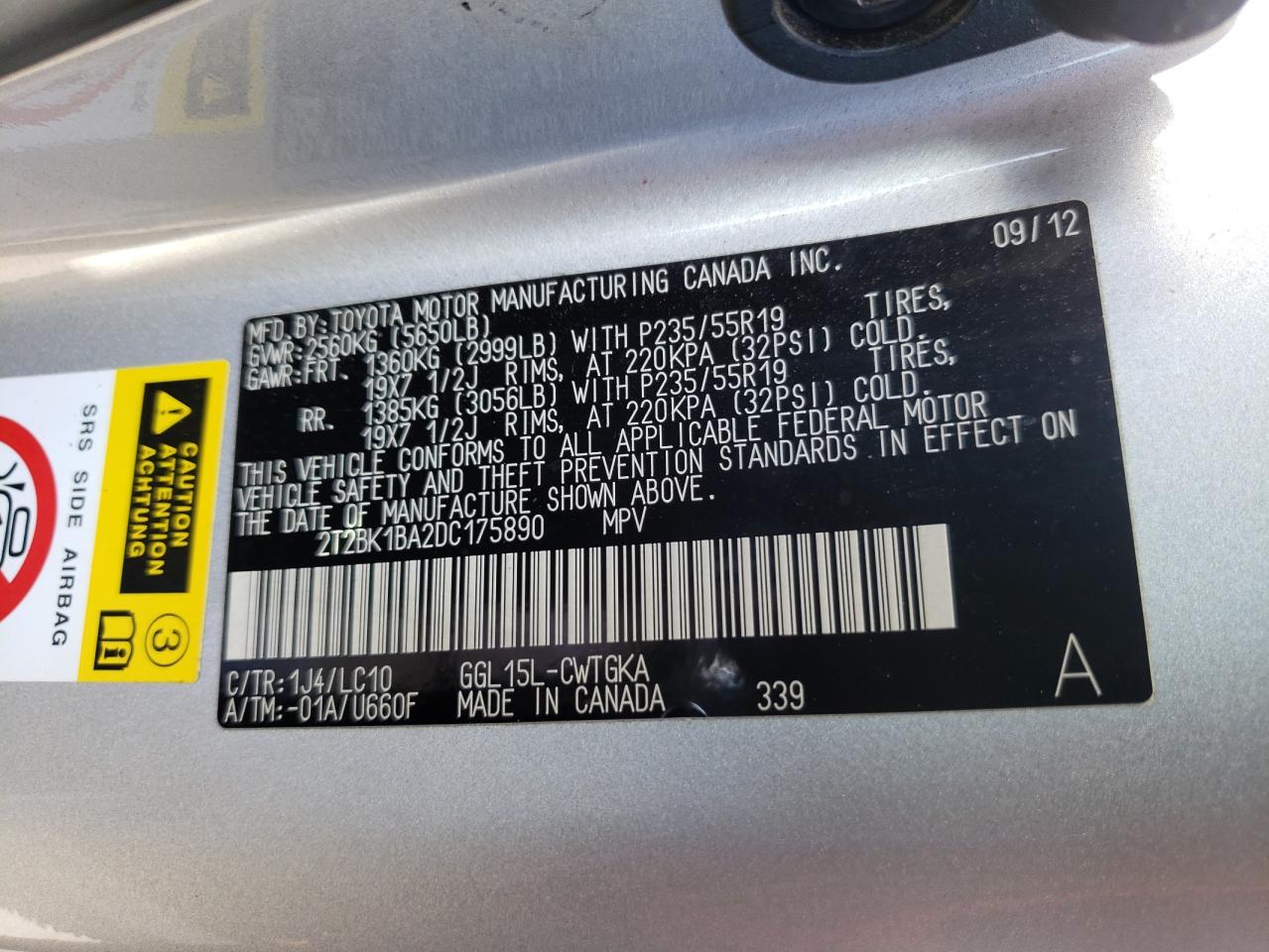 Photo 10 from auction – 2013 LEXUS RX 350 BAS with VIN 2T2BK1BA2DC175890