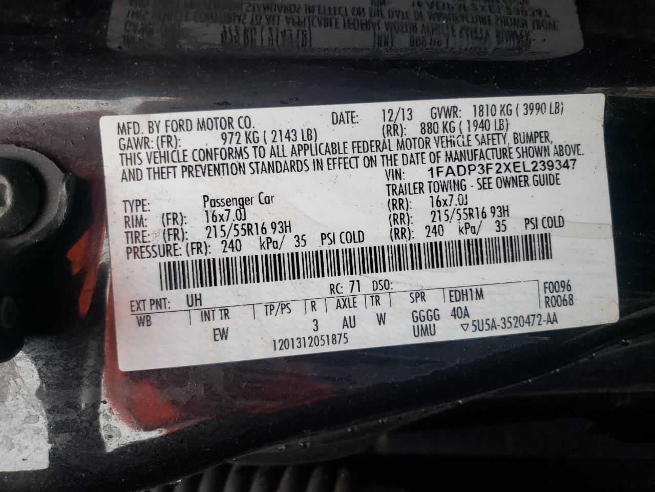 Photo 10 from auction – 2014 FORD FOCUS SE with VIN 1FADP3F2XEL239347