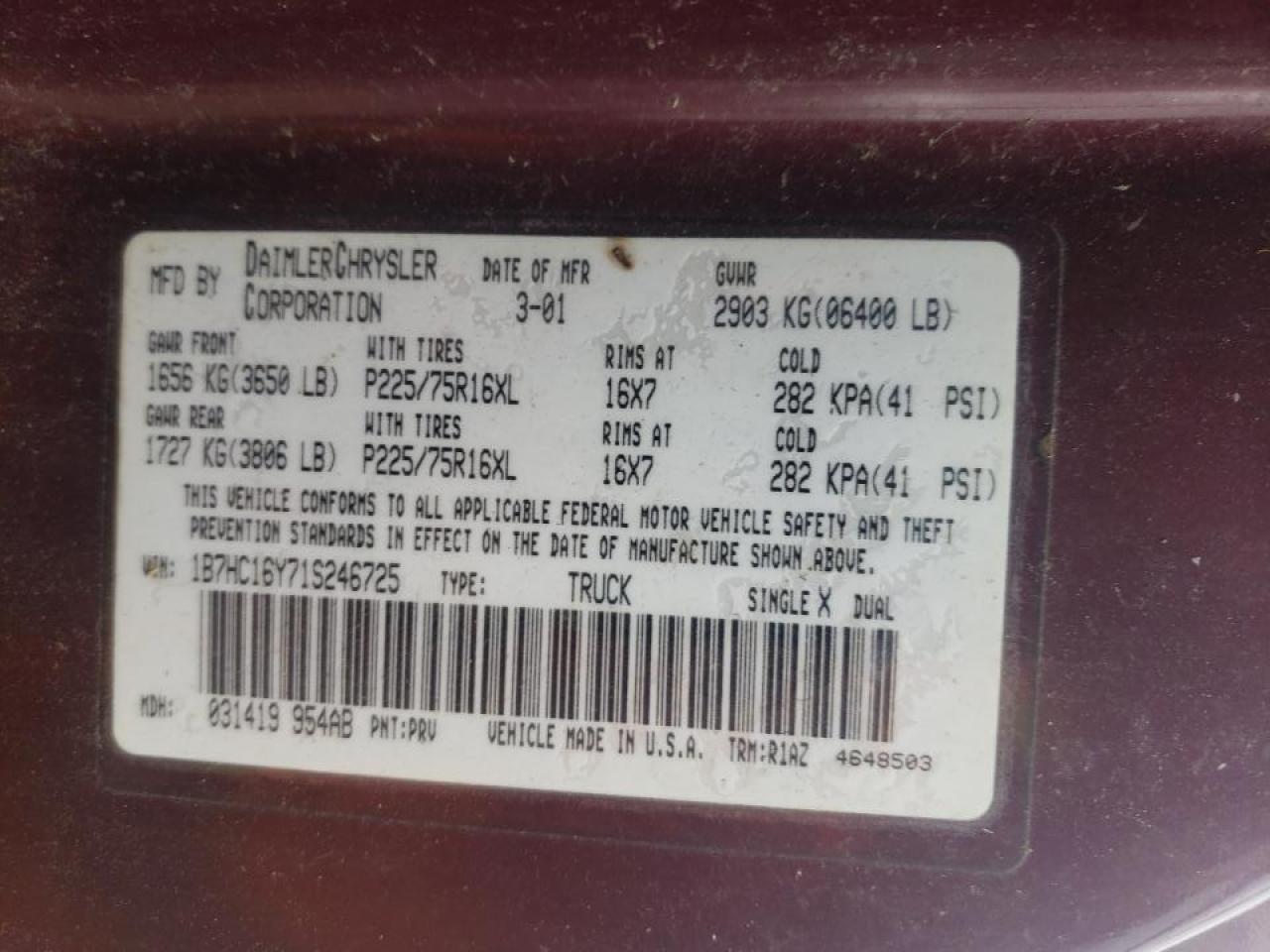 Photo 10 from auction – 2001 DODGE RAM 1500 with VIN 1B7HC16Y71S246725