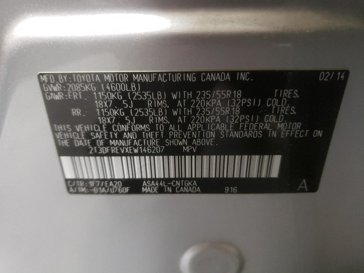 Photo 10 from auction – 2014 TOYOTA RAV4 LIMIT with VIN 2T3DFREVXEW146207
