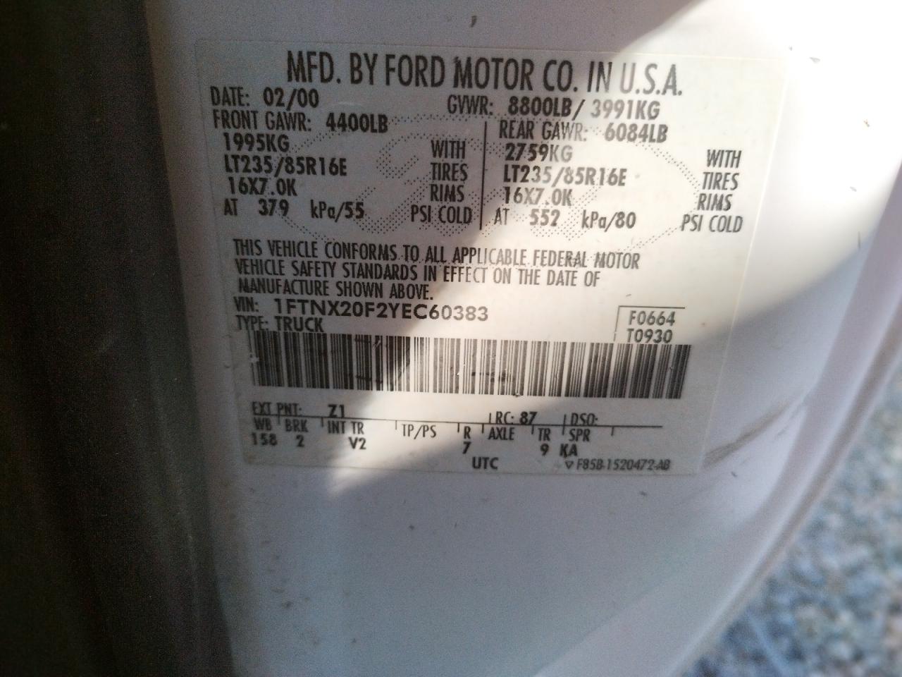 Photo 10 from auction – 2000 FORD F250 SUPER with VIN 1FTNX20F2YEC60383