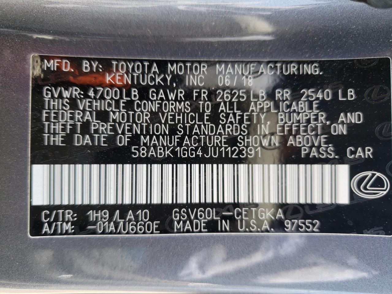 Photo 10 from auction – 2018 LEXUS ES 350 with VIN 58ABK1GG4JU112391