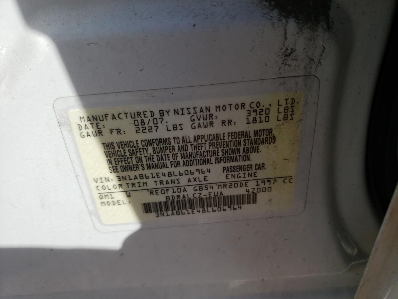 Photo 10 from auction – 2008 NISSAN SENTRA 2.0 with VIN 3N1AB61E48L606964