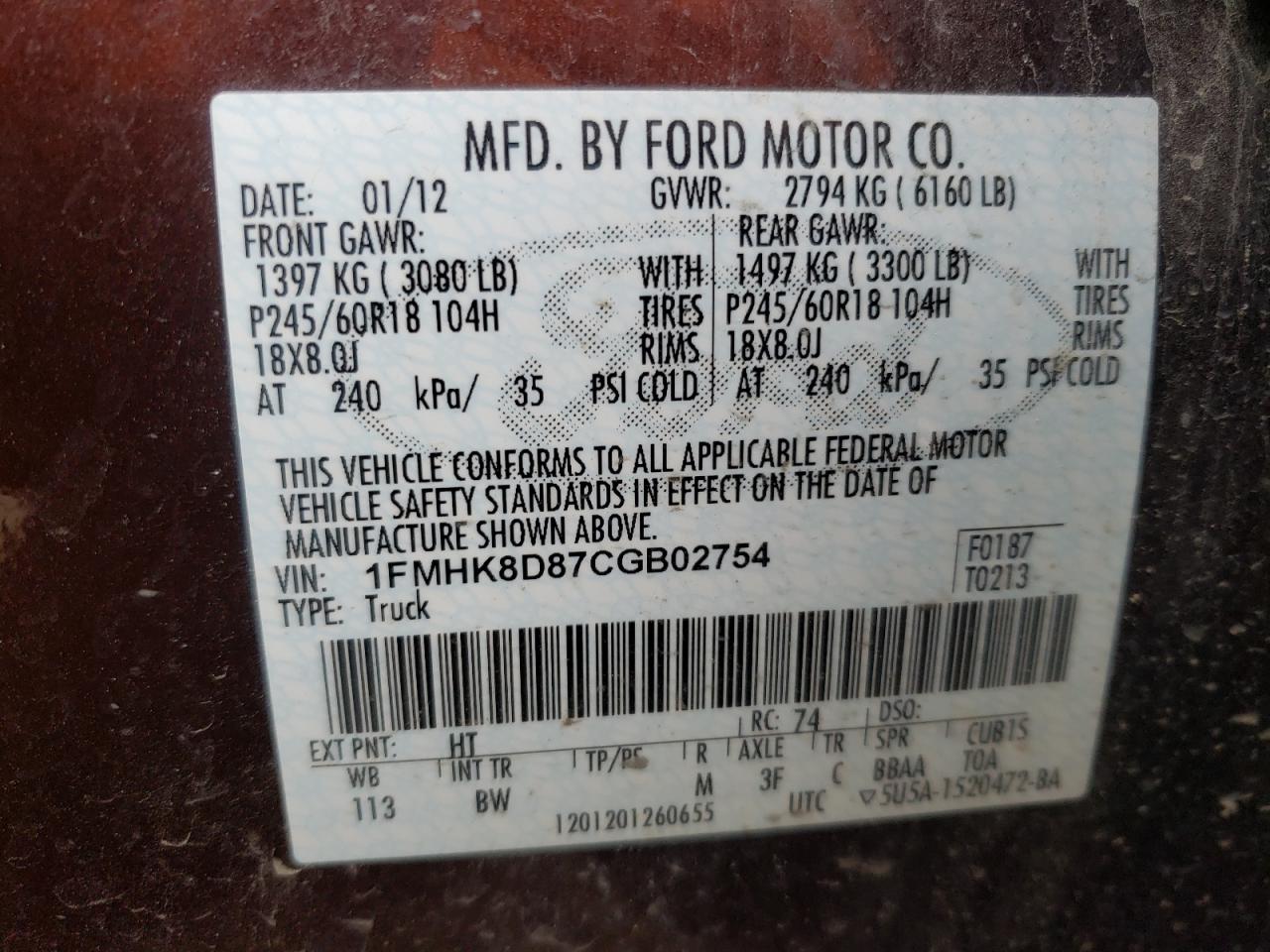 Photo 10 from auction – 2012 FORD EXPLORER X with VIN 1FMHK8D87CGB02754