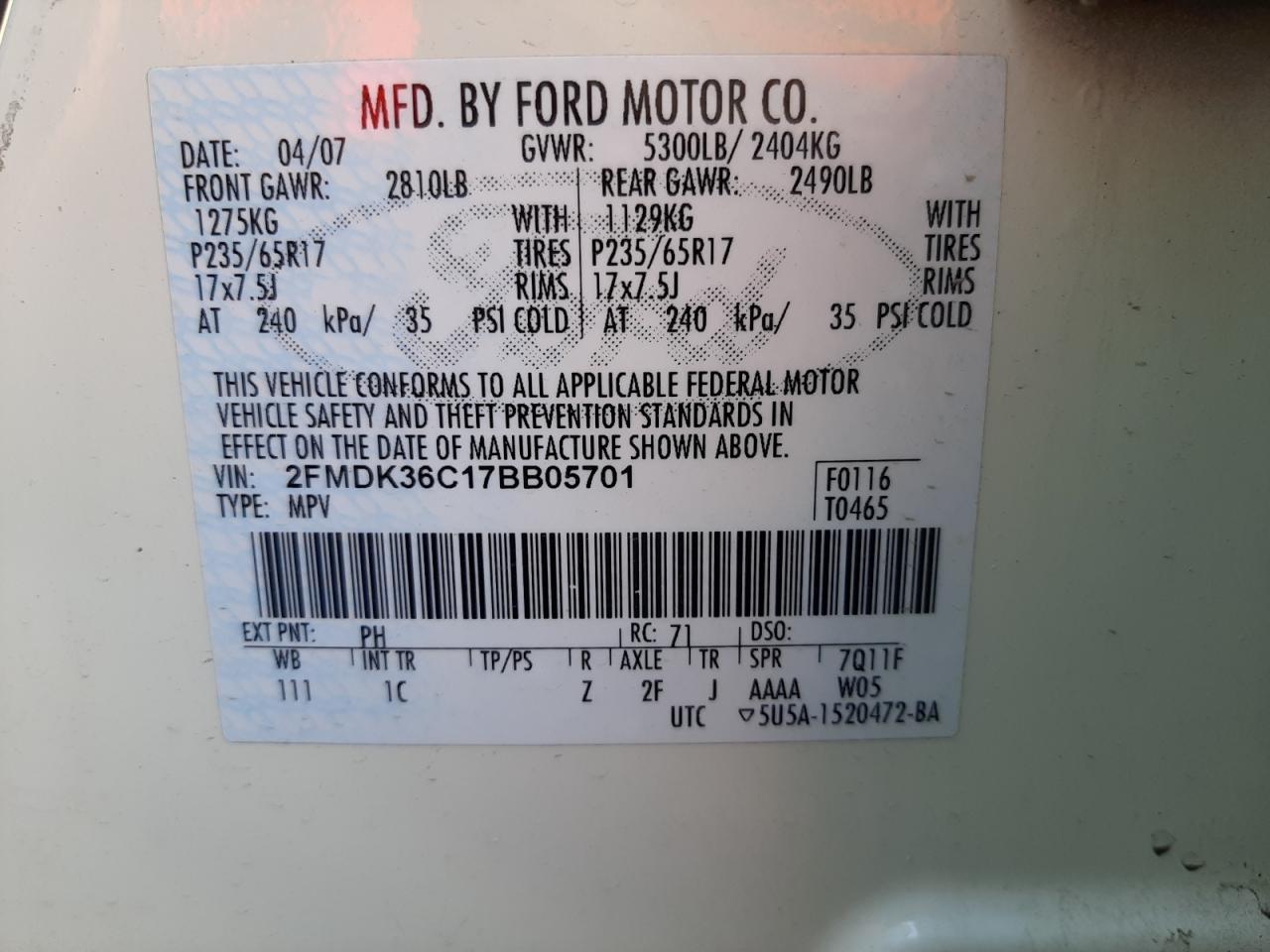 Photo 10 from auction – 2007 FORD EDGE SE with VIN 2FMDK36C17BB05701