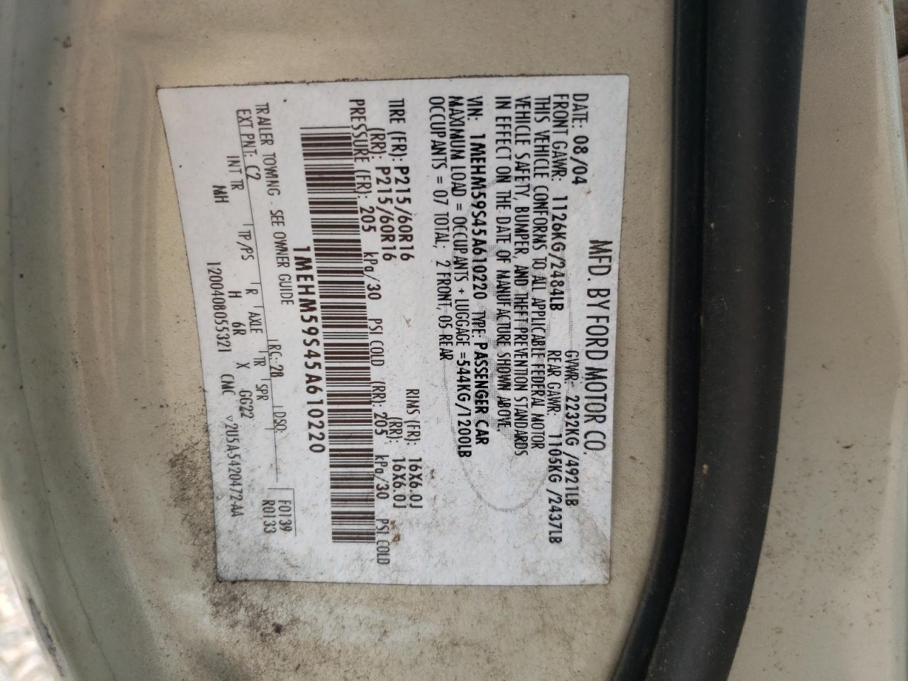 Photo 10 from auction – 2005 MERCURY SABLE LS P with VIN 1MEHM59S45A610220