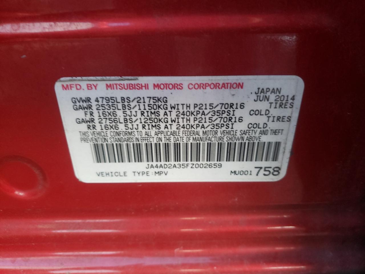 Photo 10 from auction – 2015 MITSUBISHI OUTLANDER with VIN JA4AD2A35FZ002659