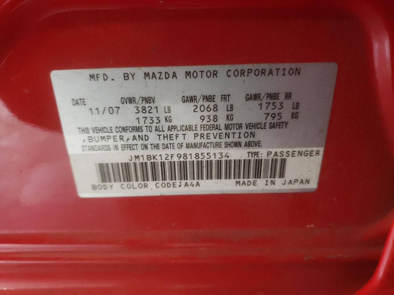 Photo 10 from auction – 2008 MAZDA 3 I with VIN JM1BK12F981855134