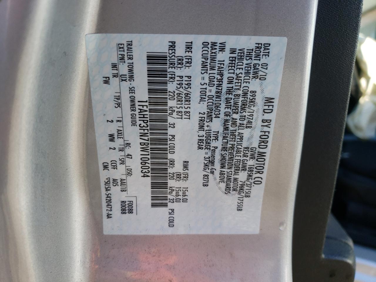 Photo 10 from auction – 2011 FORD FOCUS SE with VIN 1FAHP3FN7BW106034