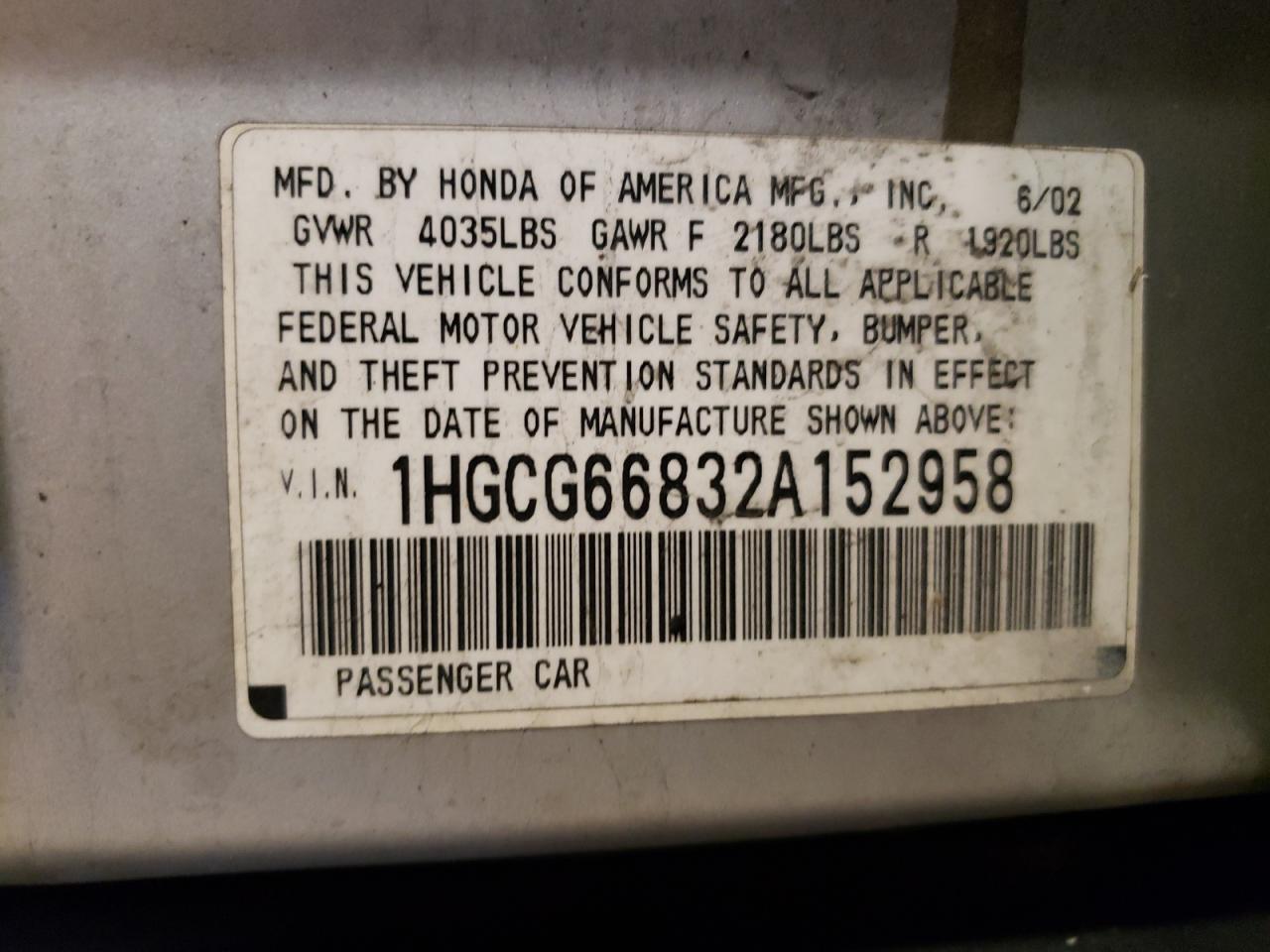 Photo 10 from auction – 2002 HONDA ACCORD EX with VIN 1HGCG66832A152958