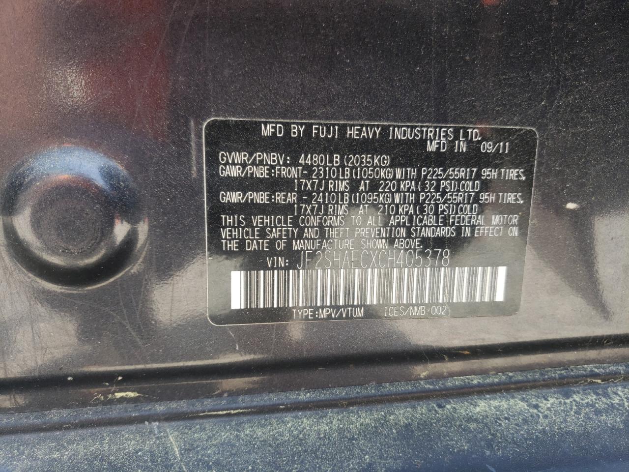 Photo 10 from auction – 2012 SUBARU FORESTER L with VIN JF2SHAECXCH405378